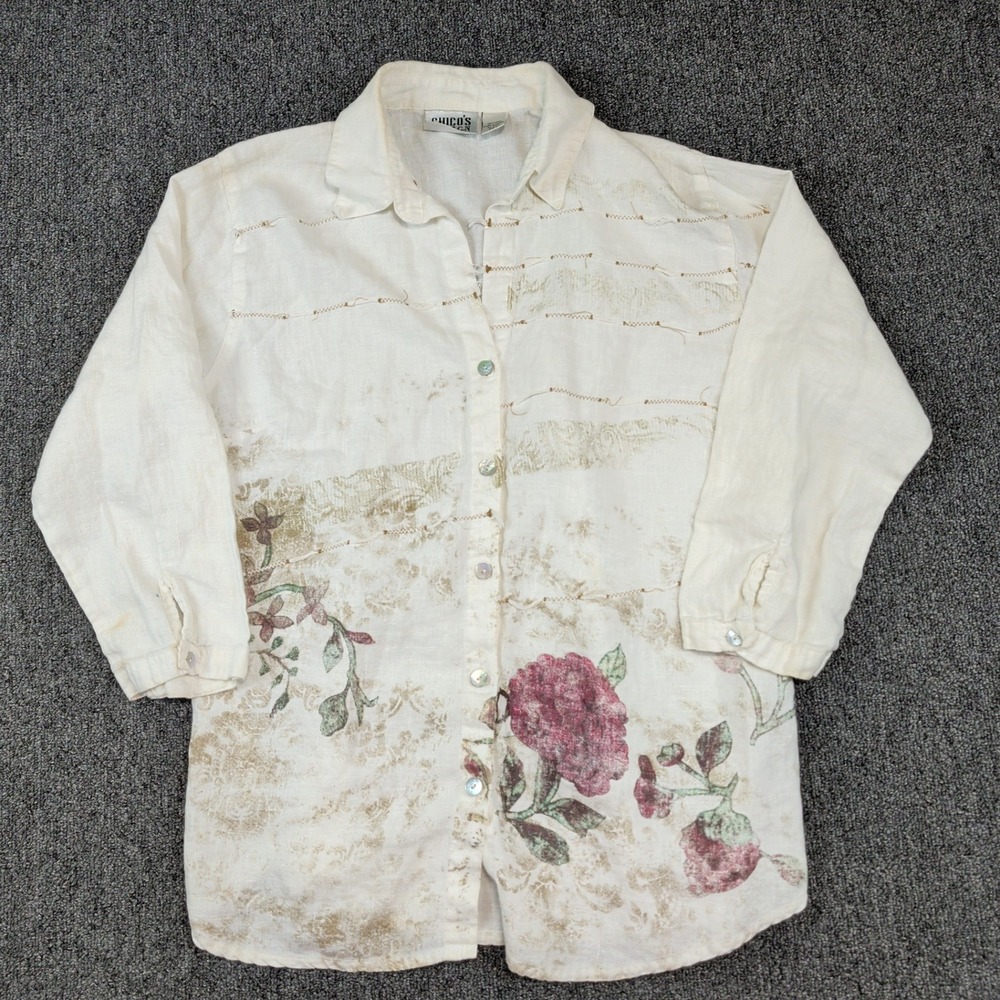 Chicos Design Vintage Boho Floral Button Down Shirt Size 1 Medium White Linen
